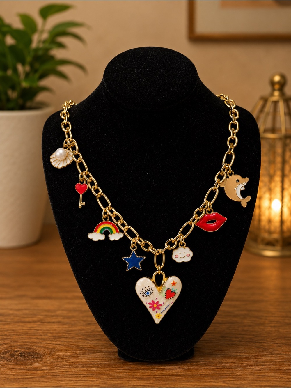 Gold-Tone Multicolor Heart Charm Necklace with Enamel Accents